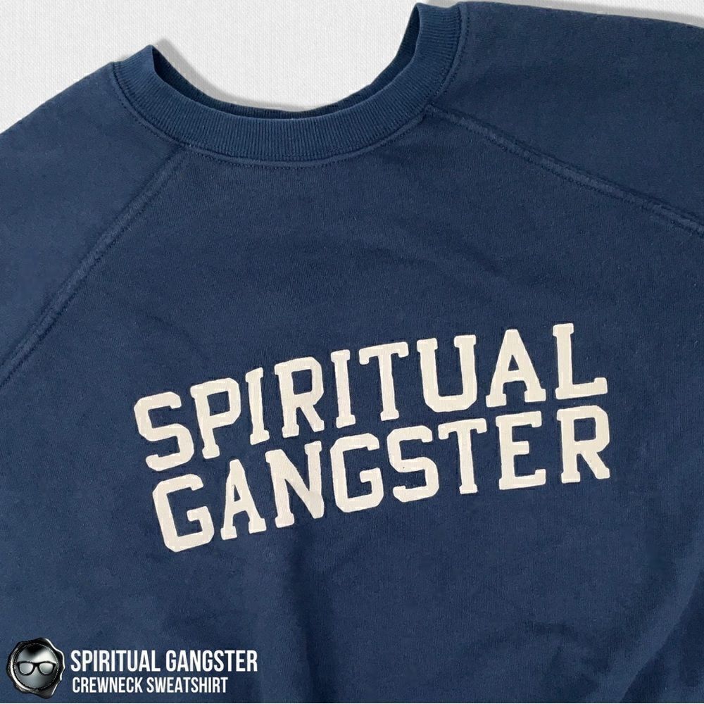 SPIRITUAL GANGSTER WOMEN’S COTTON VARSITY CREWNECK SWEATSHIRT VINTAGE NAVY BLUE - Picture 2 of 12